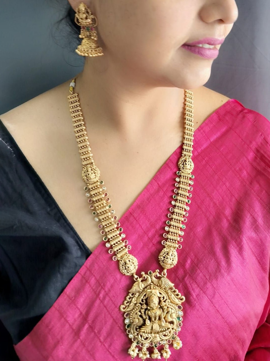 

GRIIHAM Gold-Plated AD Studded & Beaded Temple Jewellery Set