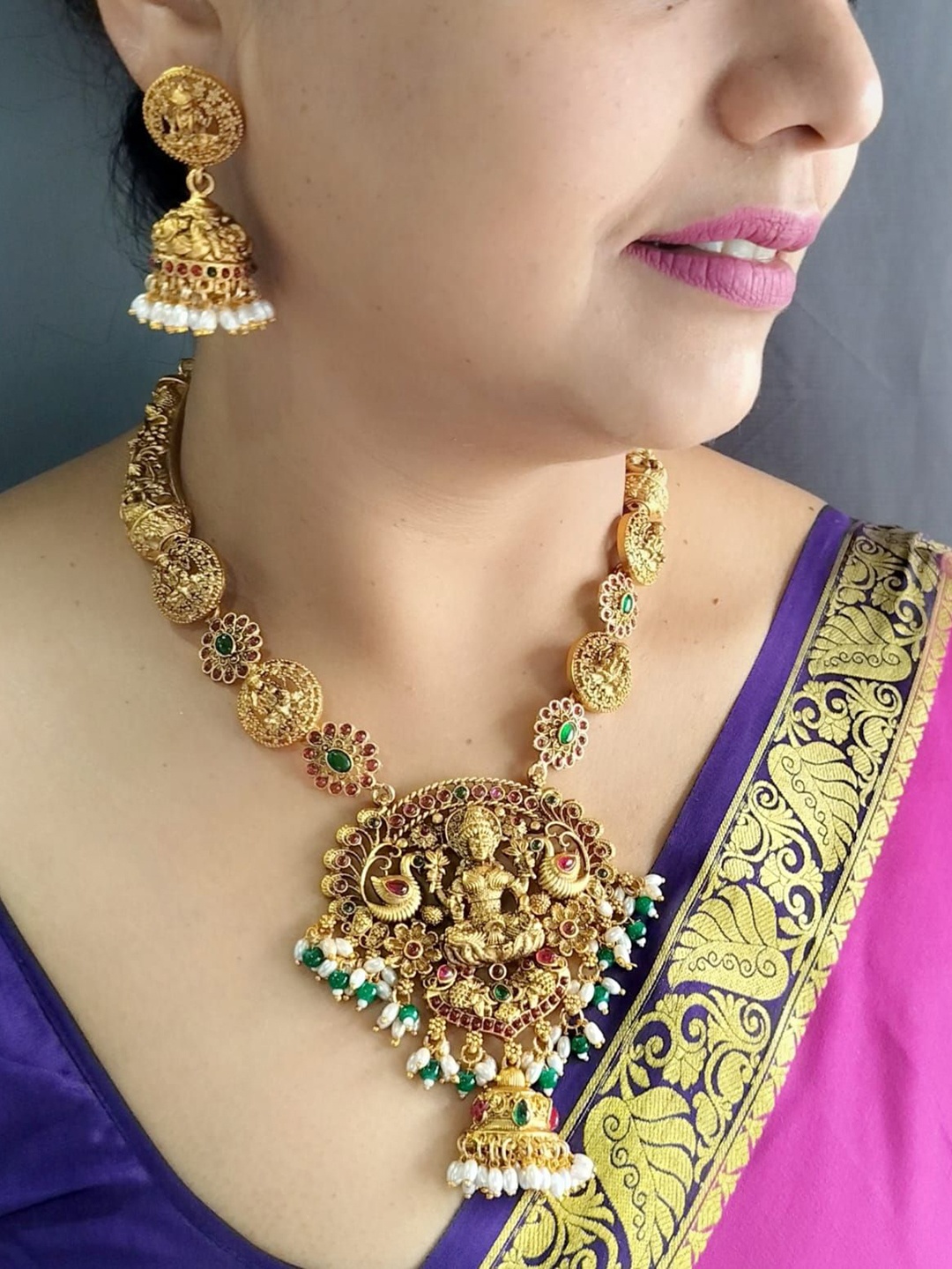 

GRIIHAM Gold-Plated AD Studded & Beaded Temple Jewellery Set