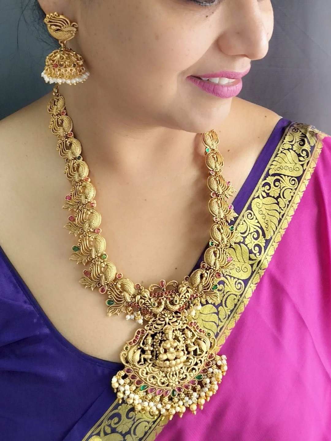 

GRIIHAM Gold-Plated CZ Studded & Beaded Temple Jewellery Set