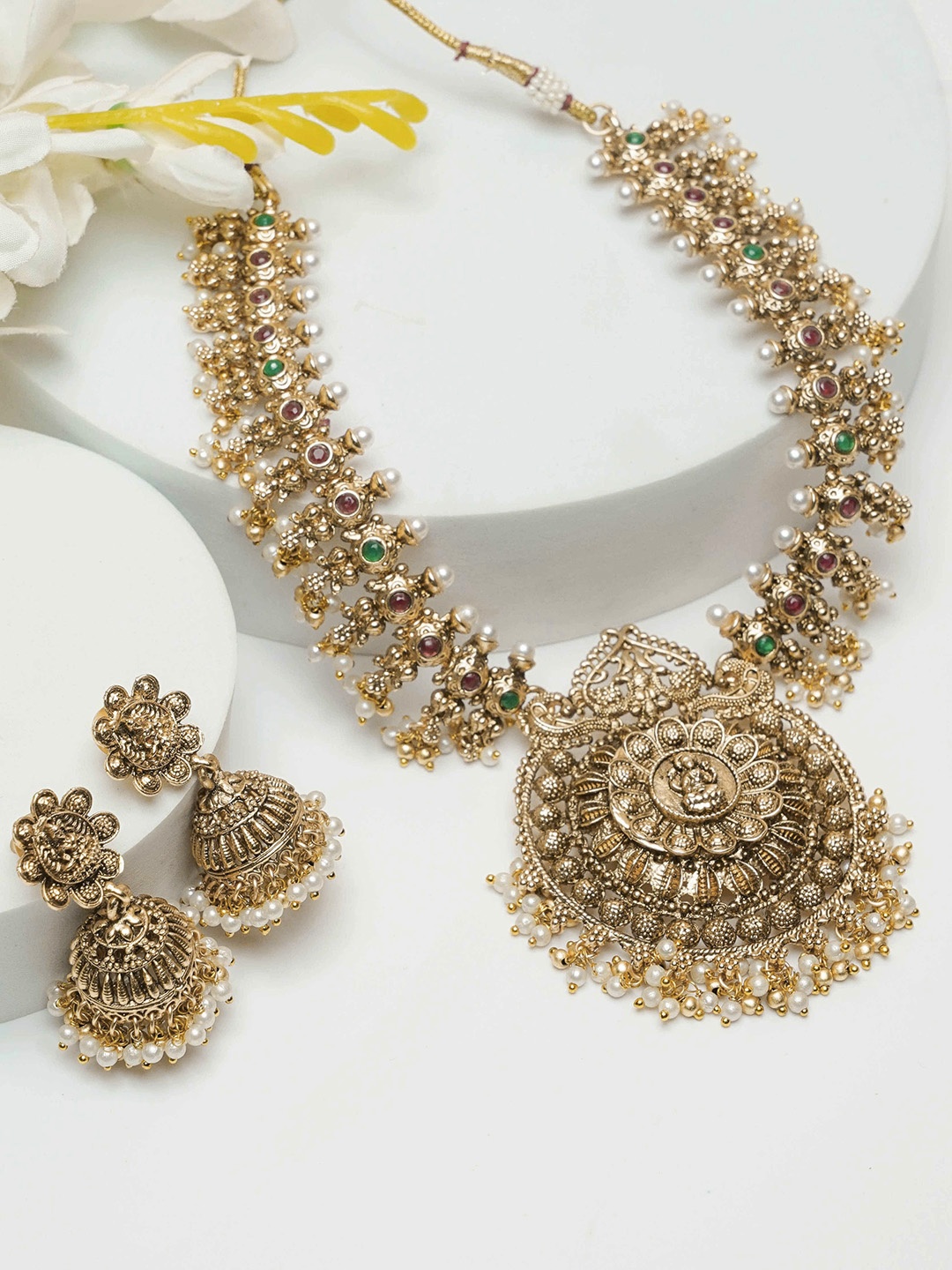 

GRIIHAM Gold-Plated AD Studded & Beaded Temple Jewellery Set