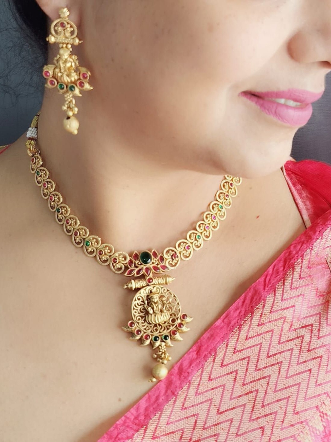 

GRIIHAM Gold-Plated CZ Studded & Beaded Temple Jewellery Set