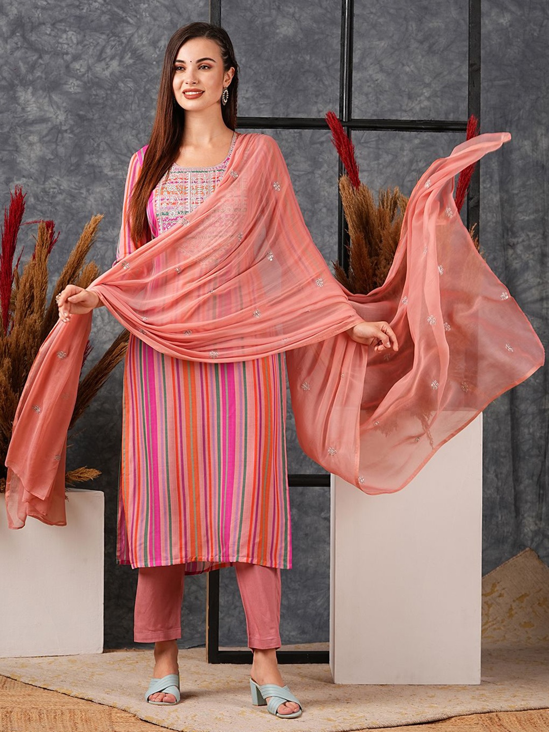 

KALINI Striped Regular Thread Work Straight Kurta With Trousers & Dupatta, Pink