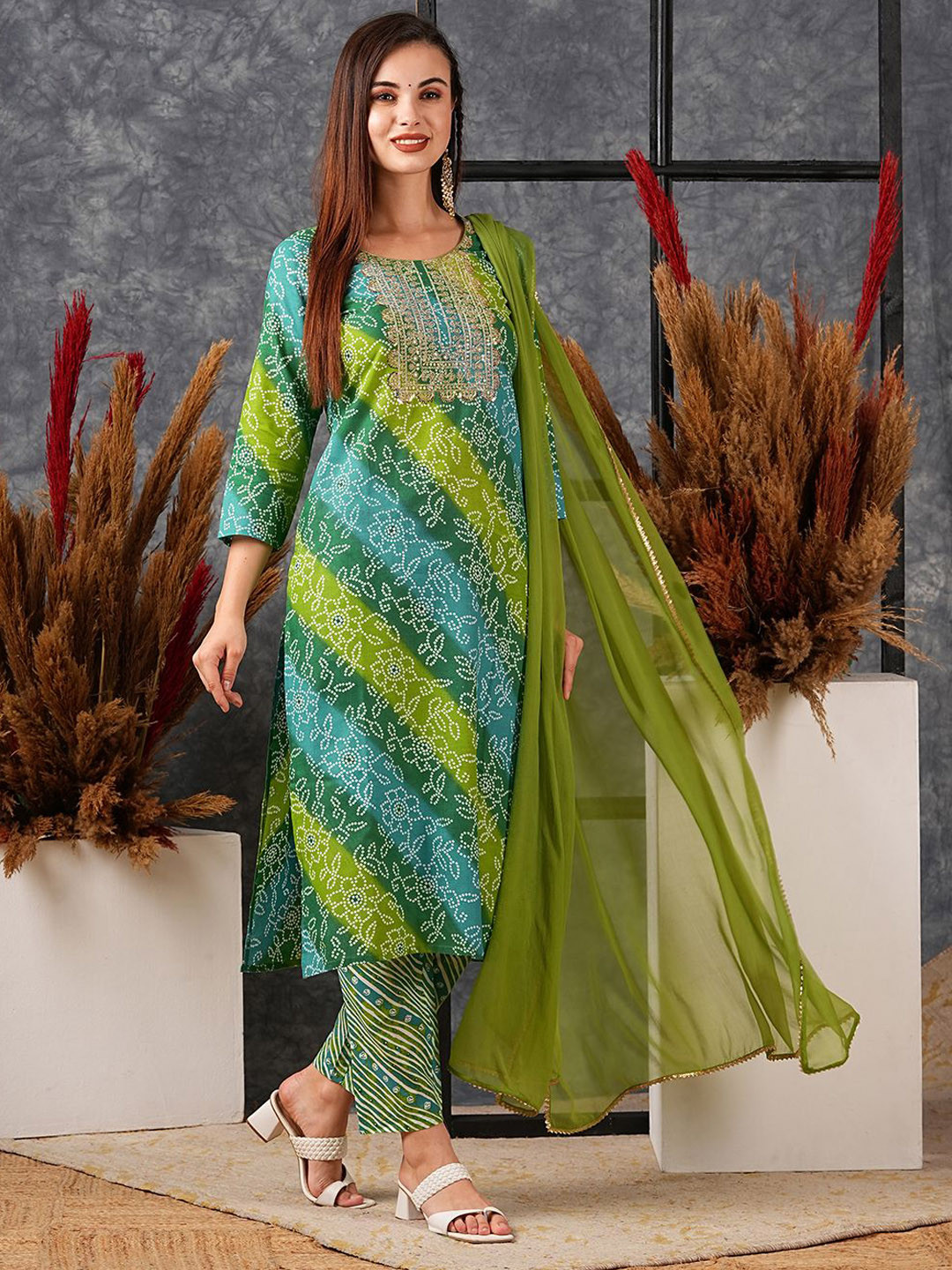 

KALINI Bandhani Printed Sequinned Straight Kurta With Trouser & Dupatta, Green