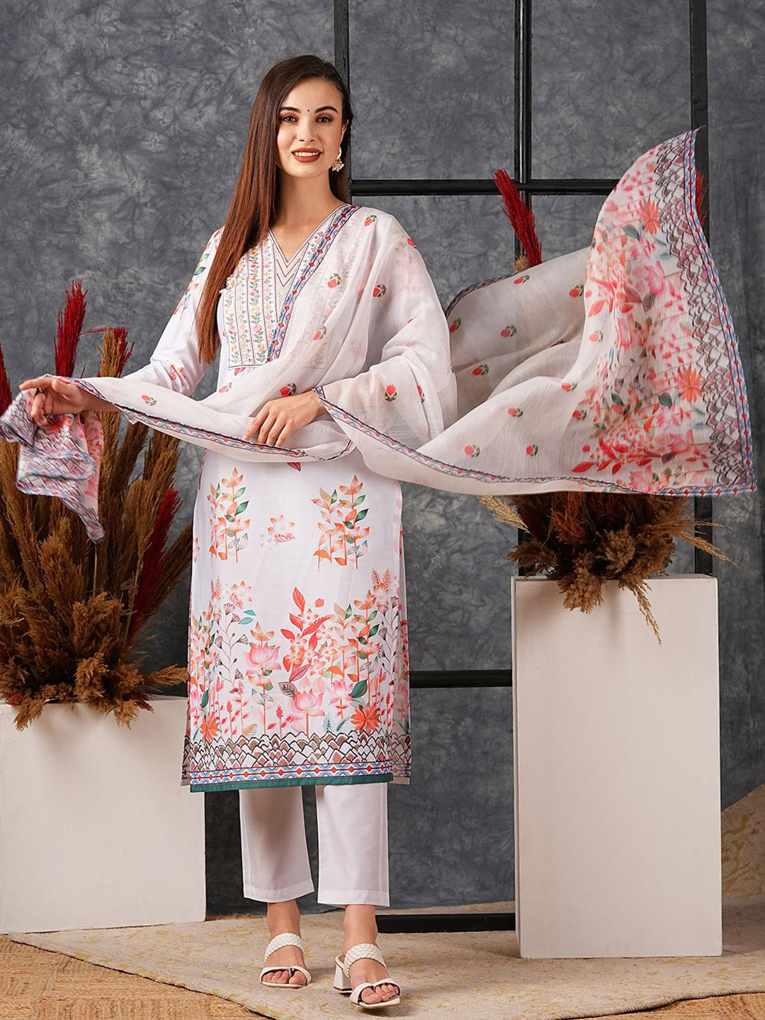 

KALINI Floral Embroidered Regular Straight Kurta With Trousers & Dupatta, Cream