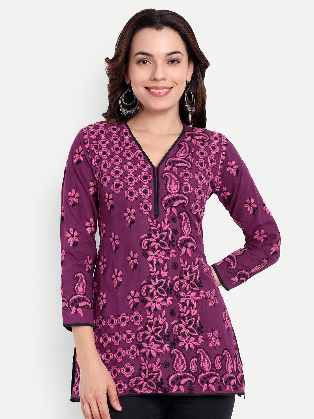 

Indiankala4u Ethnic Motifs Printed V-neck Embroidered Top, Burgundy