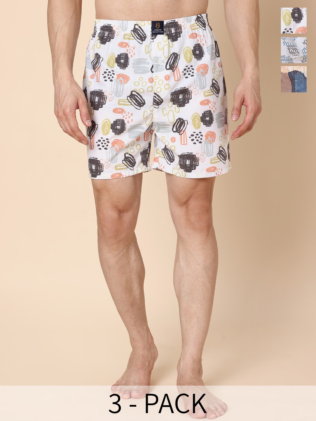 

URBAN SCOTTISH Pack Of 3 Printed Ultra-Lightweight Boxers USBXDP02_S, Peach