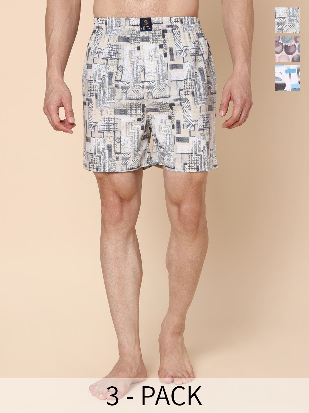 

URBAN SCOTTISH Pack Of 3 Digital Printed Ultra-Lightweight Boxers USBXDP09_S, White