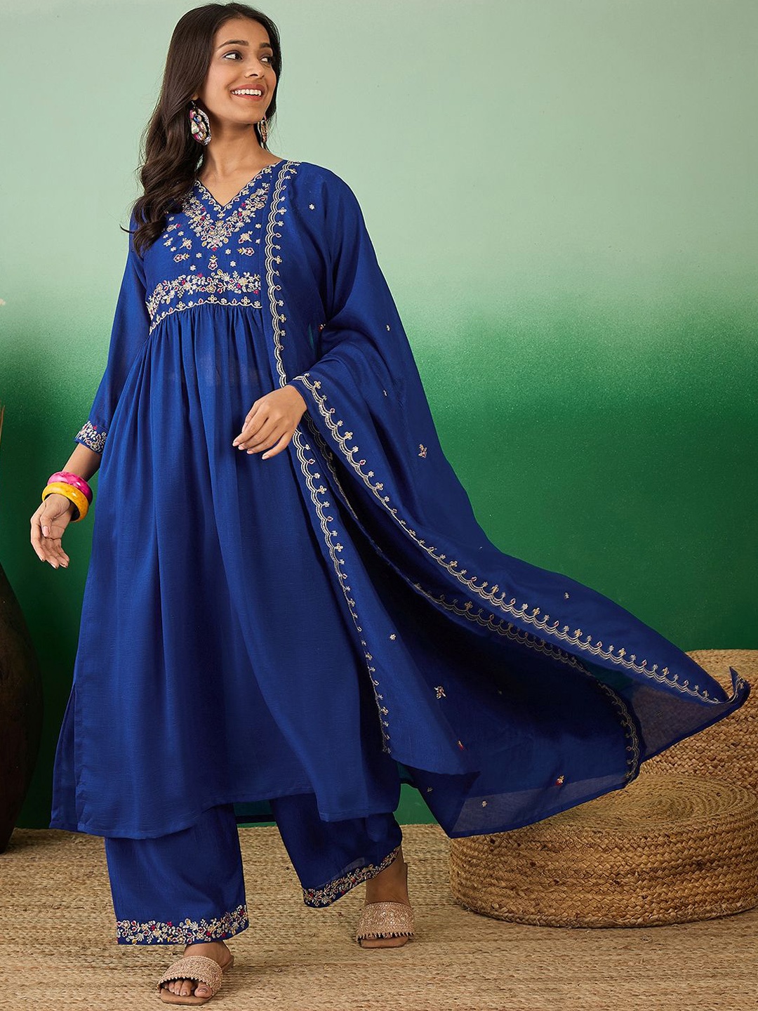 

Sangria Floral Embroidered A-Line Kurta With Palazzo & Dupatta, Blue