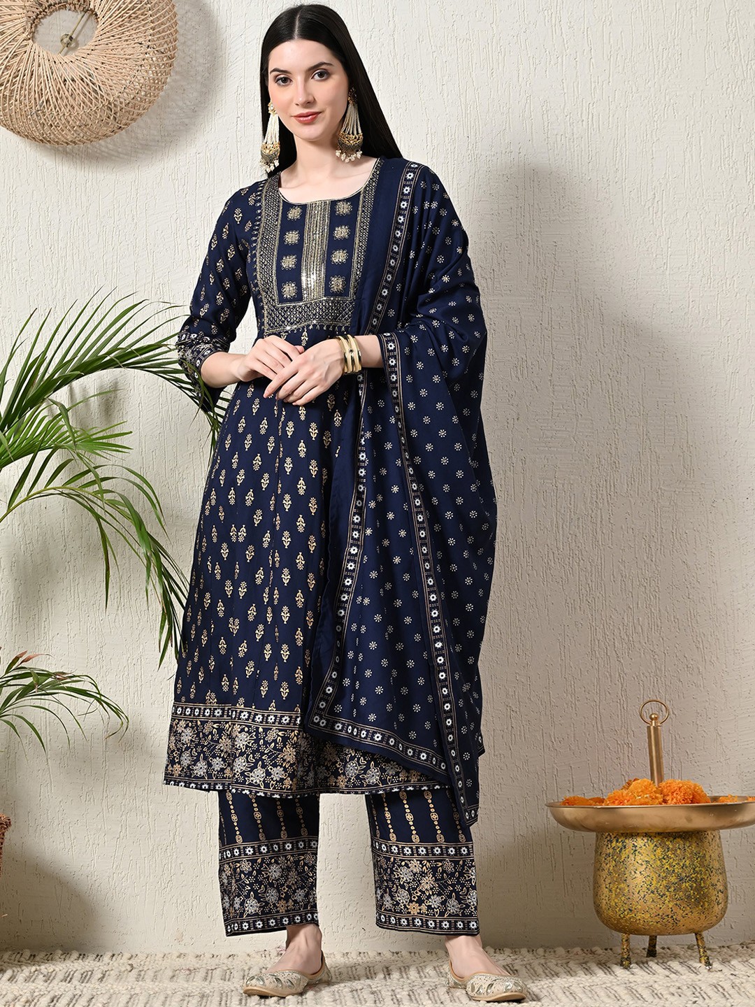 

VIDHANI Women Floral Embroidered Panelled Kurta with Trousers & With Dupatta, Navy blue