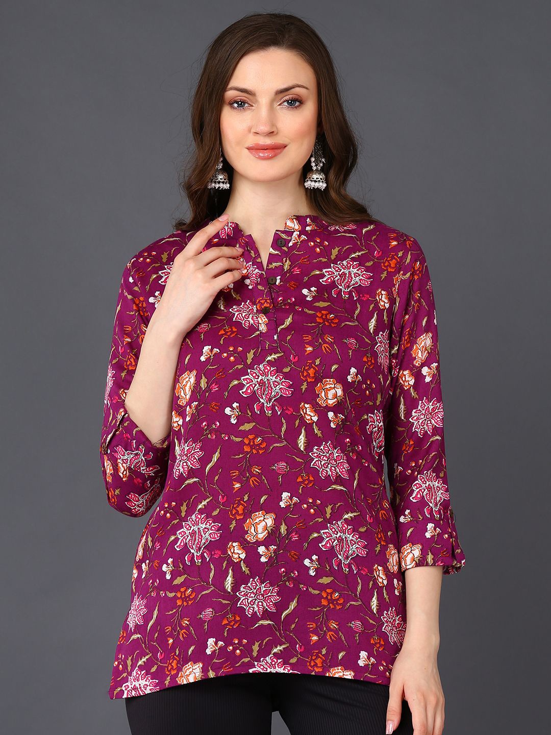 

KALINI Floral Printed Mandarin Collar Top, Purple