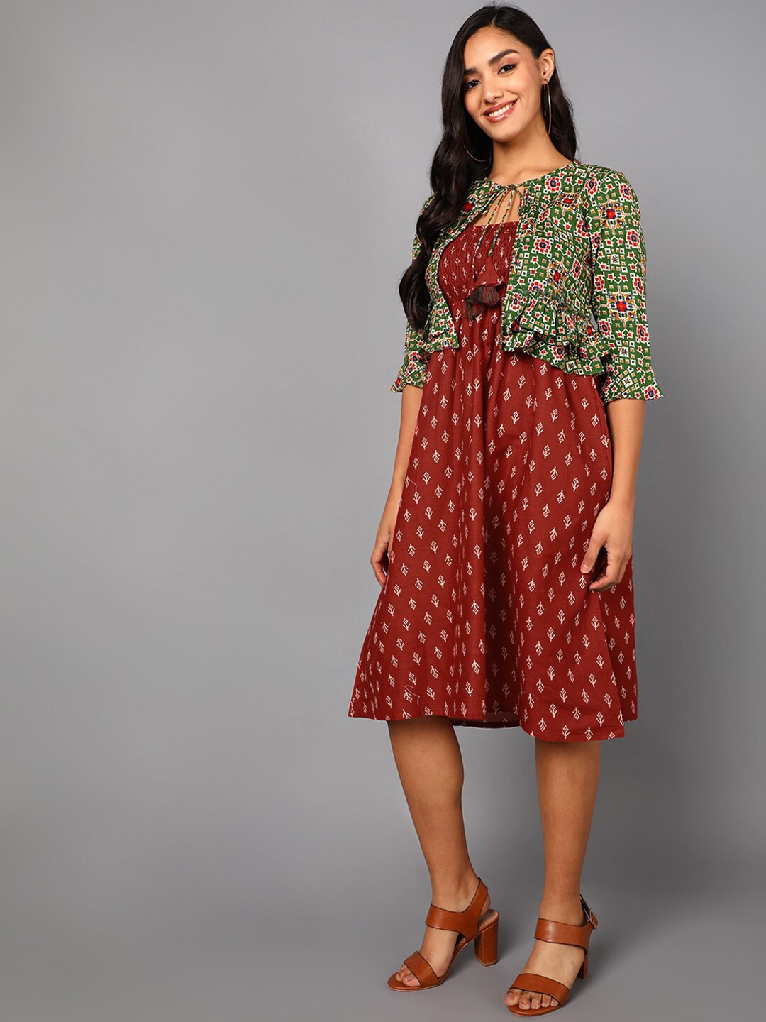 

KALINI Ethnic Motifs Printed Cotton Empire Ethnic Dress, Red