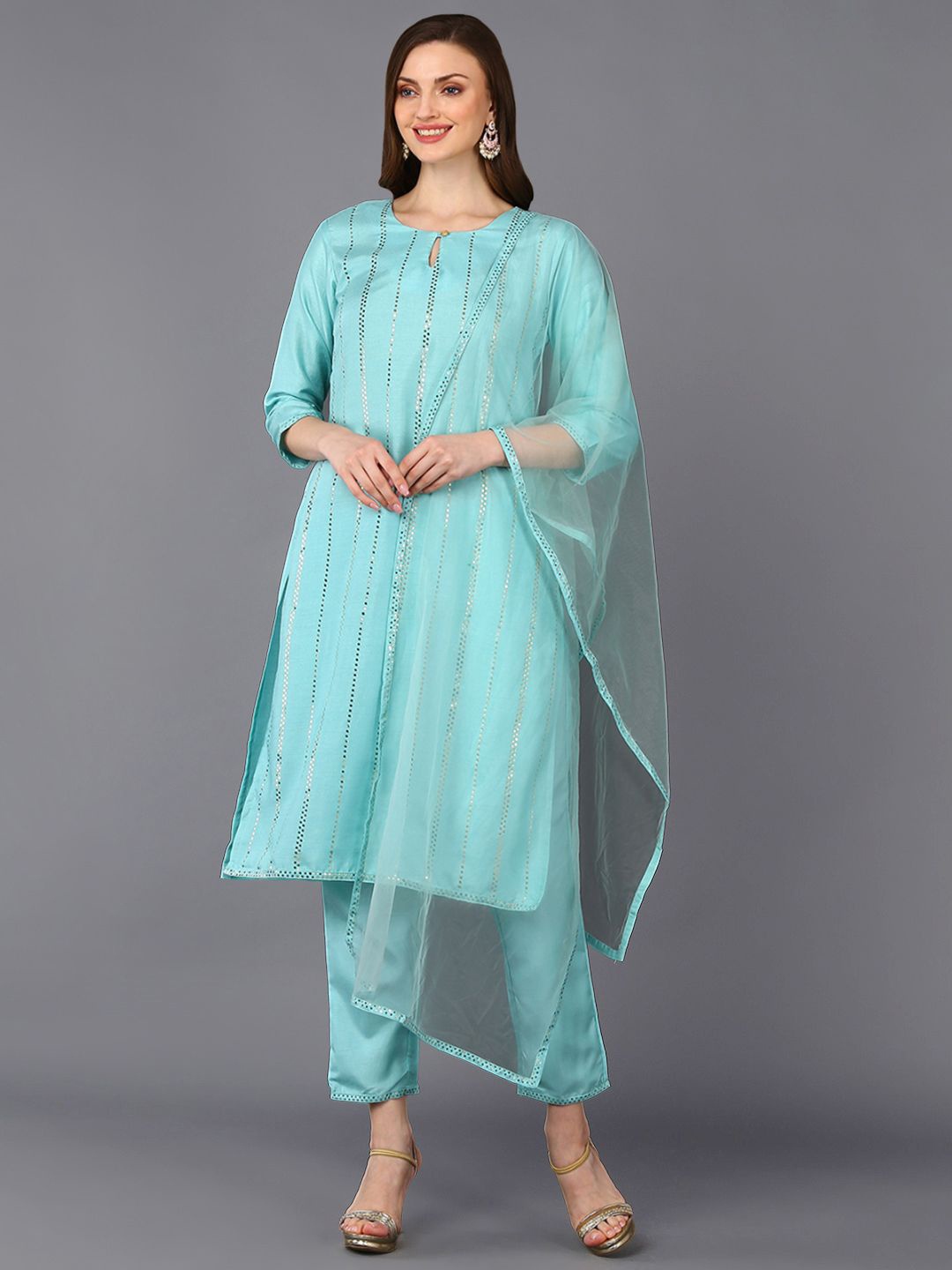 

KALINI Striped Beads and Stones Keyhole Neck Straight Kurta With Trouser & Dupatta, Turquoise blue