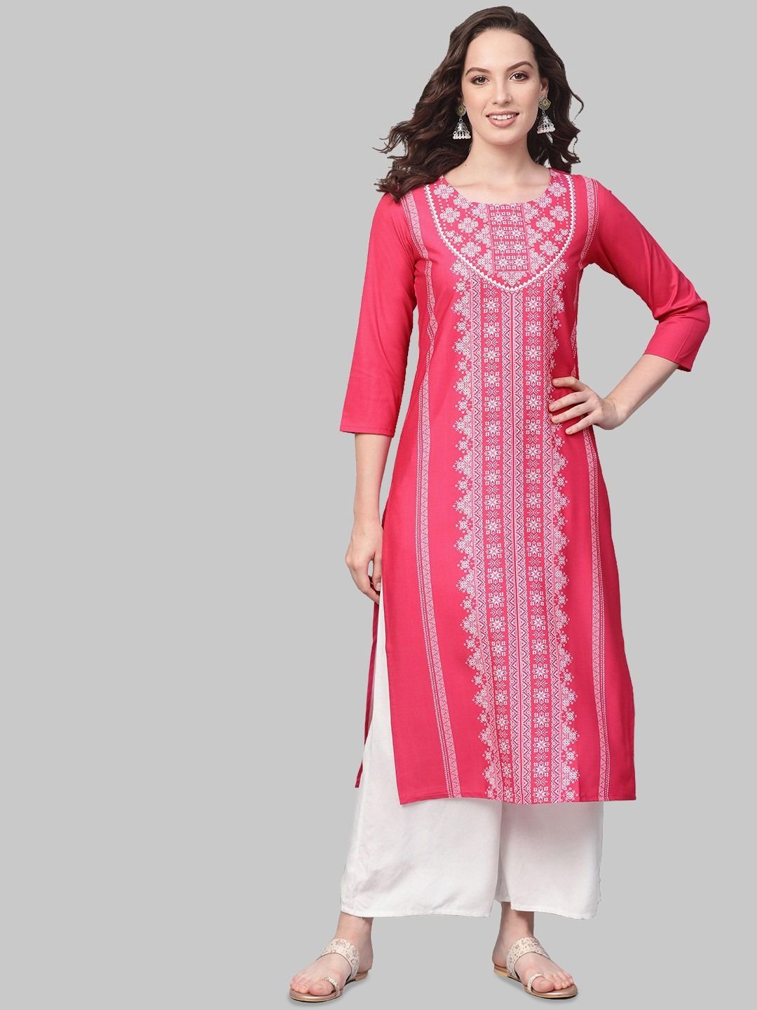 

KALINI Geometric Printed Round Neck Straight Kurta, Pink