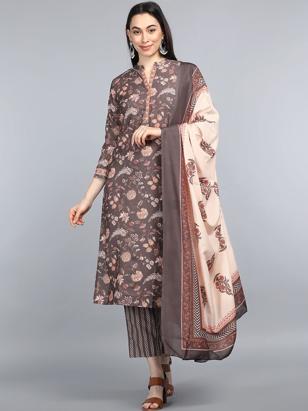 

KALINI Floral Printed Straight Kurta With Trouser & Dupatta, Brown