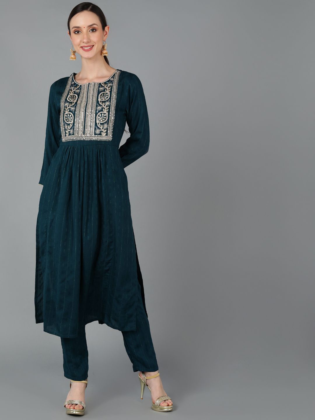 

KALINI Women Striped Yoke Design Pleated Kurta with Trousers Sets, Teal