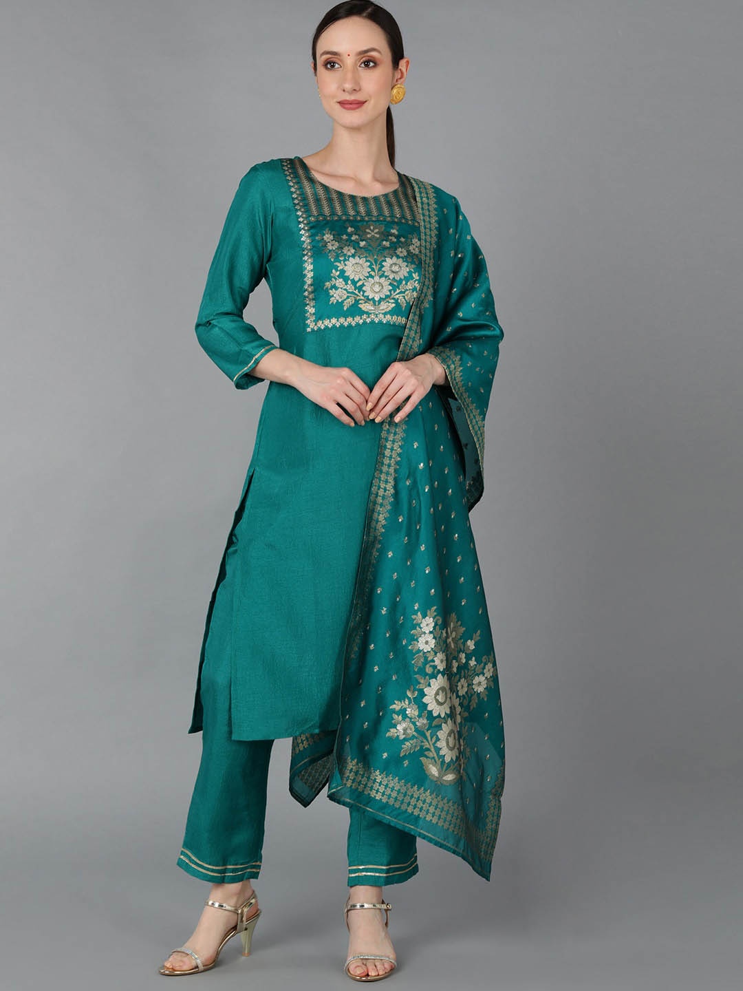 

KALINI Floral Yoke Design Regular Straight Kurta With Trousers & Dupatta, Teal