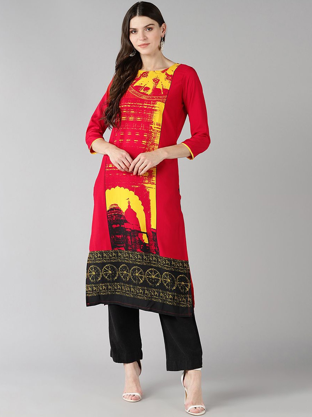 

KALINI Boat Neck Three Quarter Sleeves Printed Straight Kurta, Red