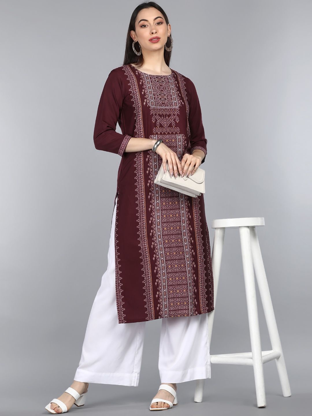 

KALINI Women Thread Work Crepe Kurta, Burgundy