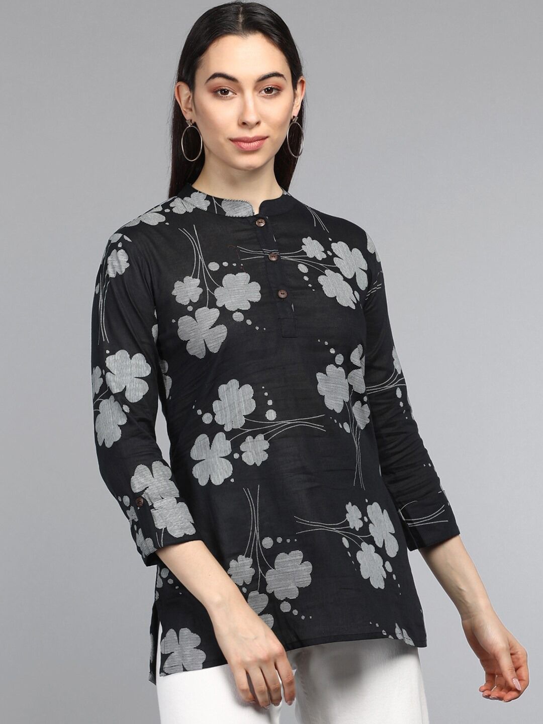 

KALINI Floral Printed Mandarin Collar Cotton Top, Black