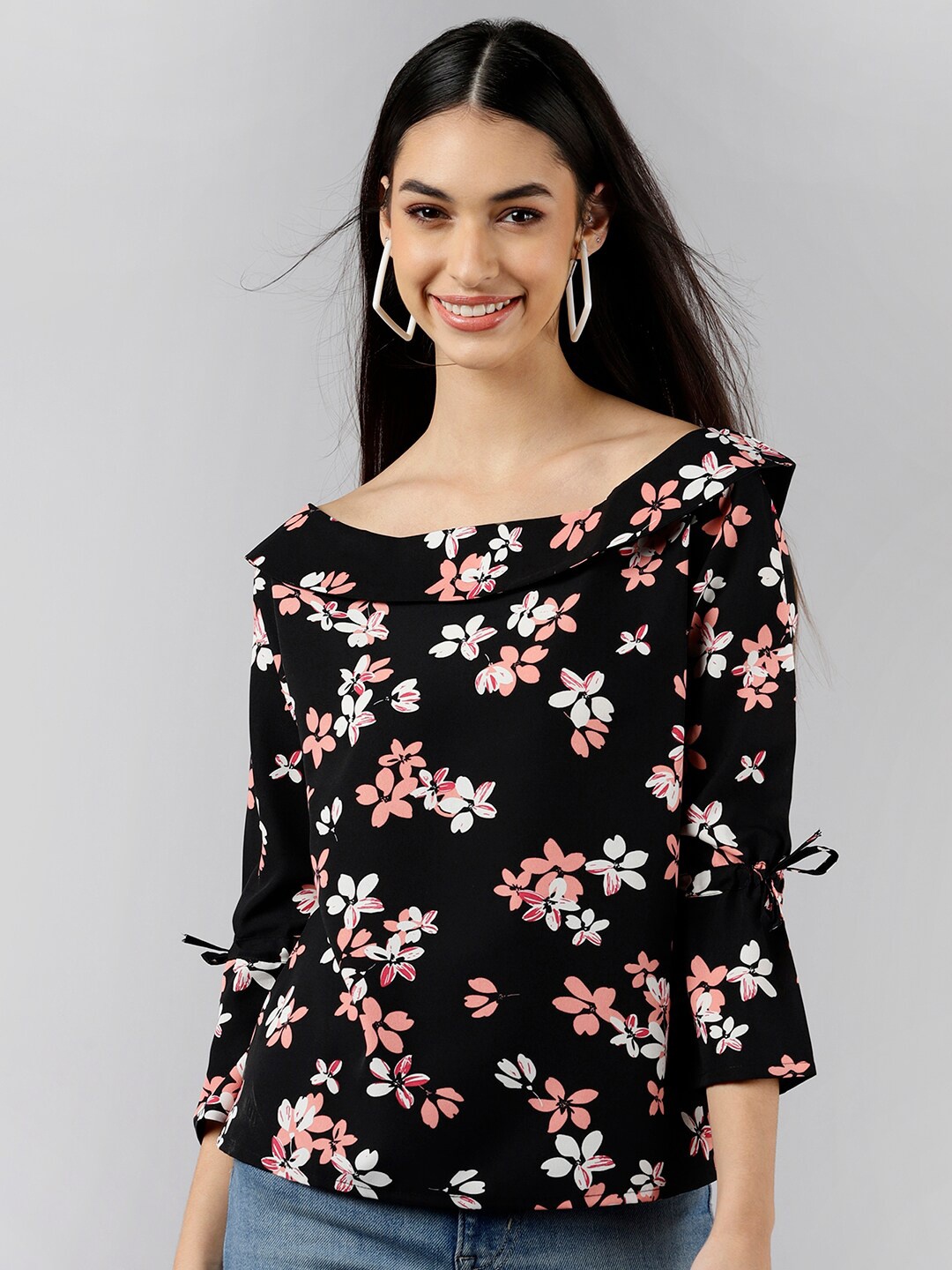 

KALINI Floral Printed Boat Neck Crepe Top, Black