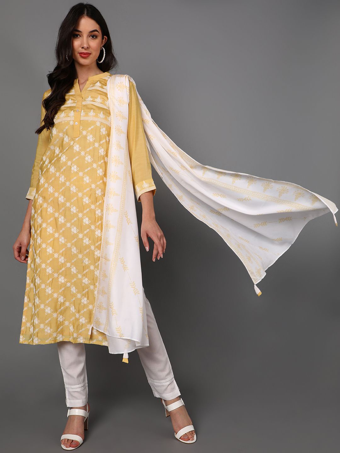 

KALINI Ethnic Motifs Embroidered Mandarin Collar Straight Kurta With Trousers & Dupatta, Yellow