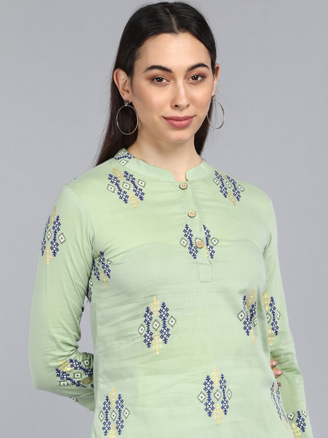 

KALINI Ethnic Motifs Printed Mandarin collar Pure Cotton Top, Green