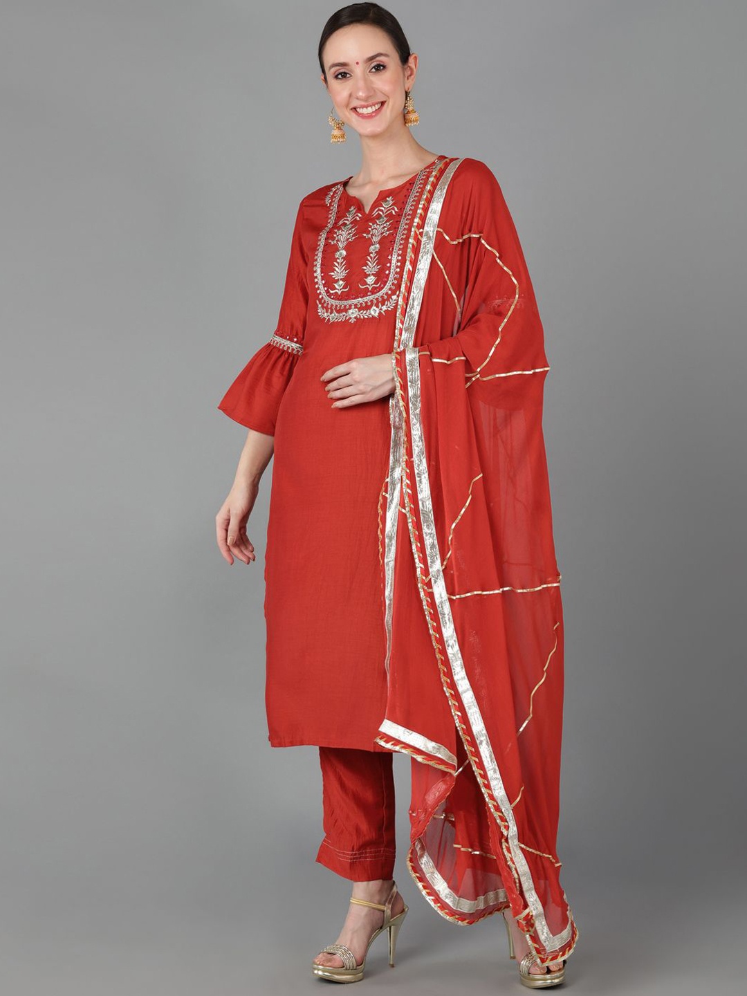 

KALINI Ethnic Motifs Embroidered Zari Straight Kurta With Trouser & Dupatta, Rust