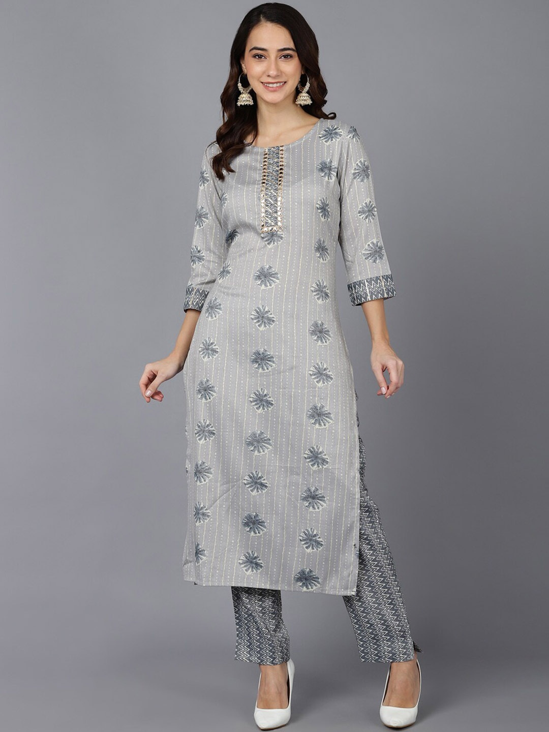

KALINI Ethnic Motifs Printed Mirror Work Straight Kurta With Trouser, Grey