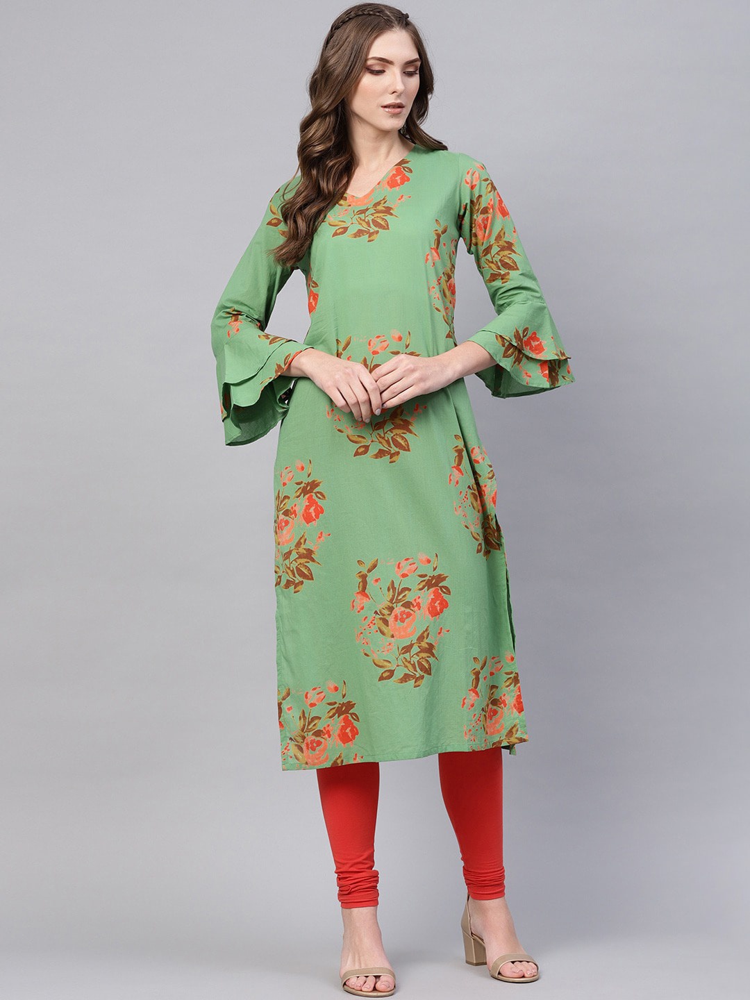 

KALINI Women Floral Printed Bell Sleeve Kurta, Green