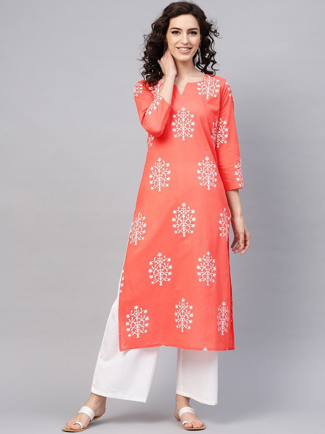 

KALINI Floral Printed Notch Neck Straight Kurta, Coral