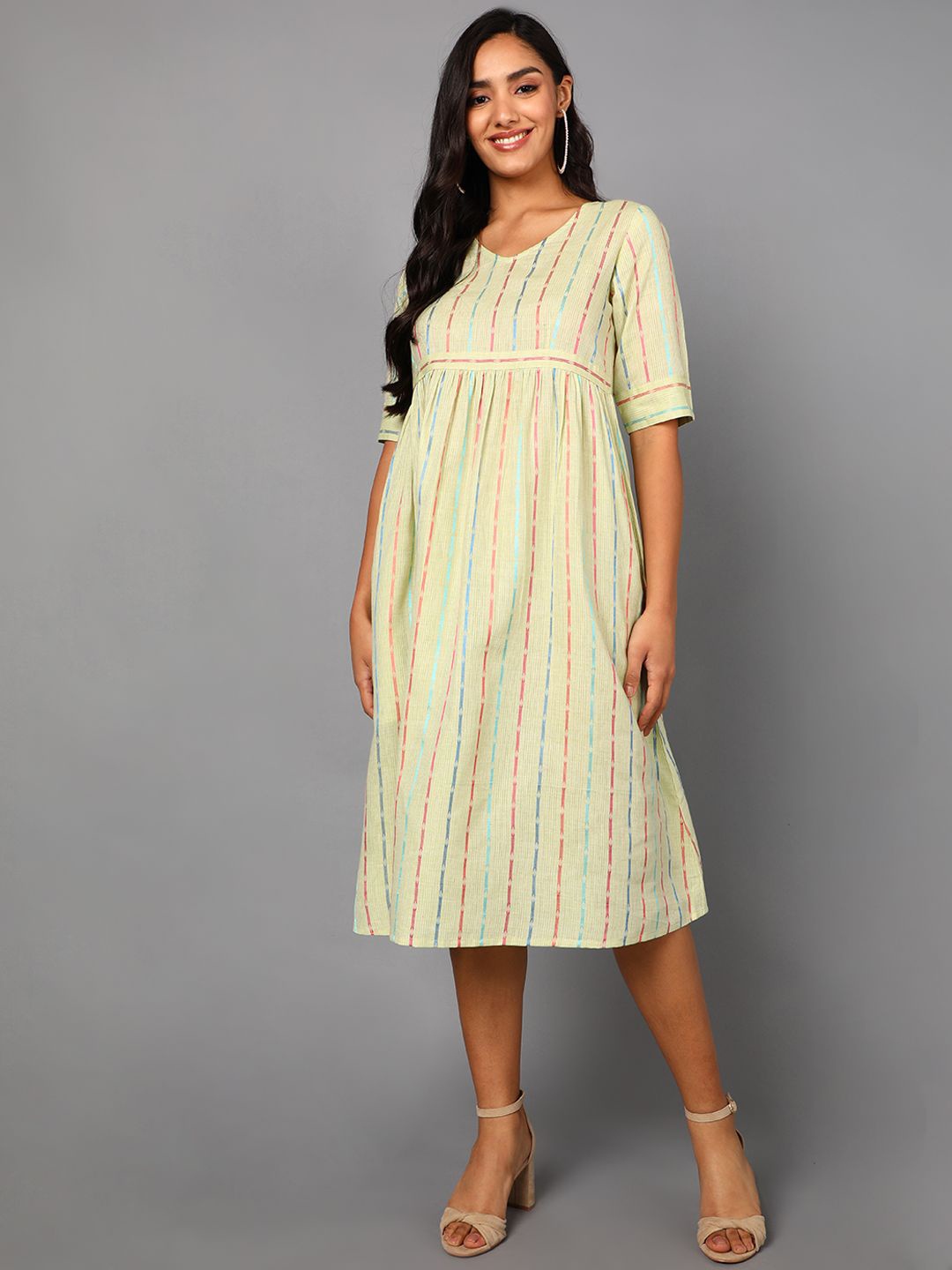 

KALINI Striped Cotton A-Line Midi Dress, Cream