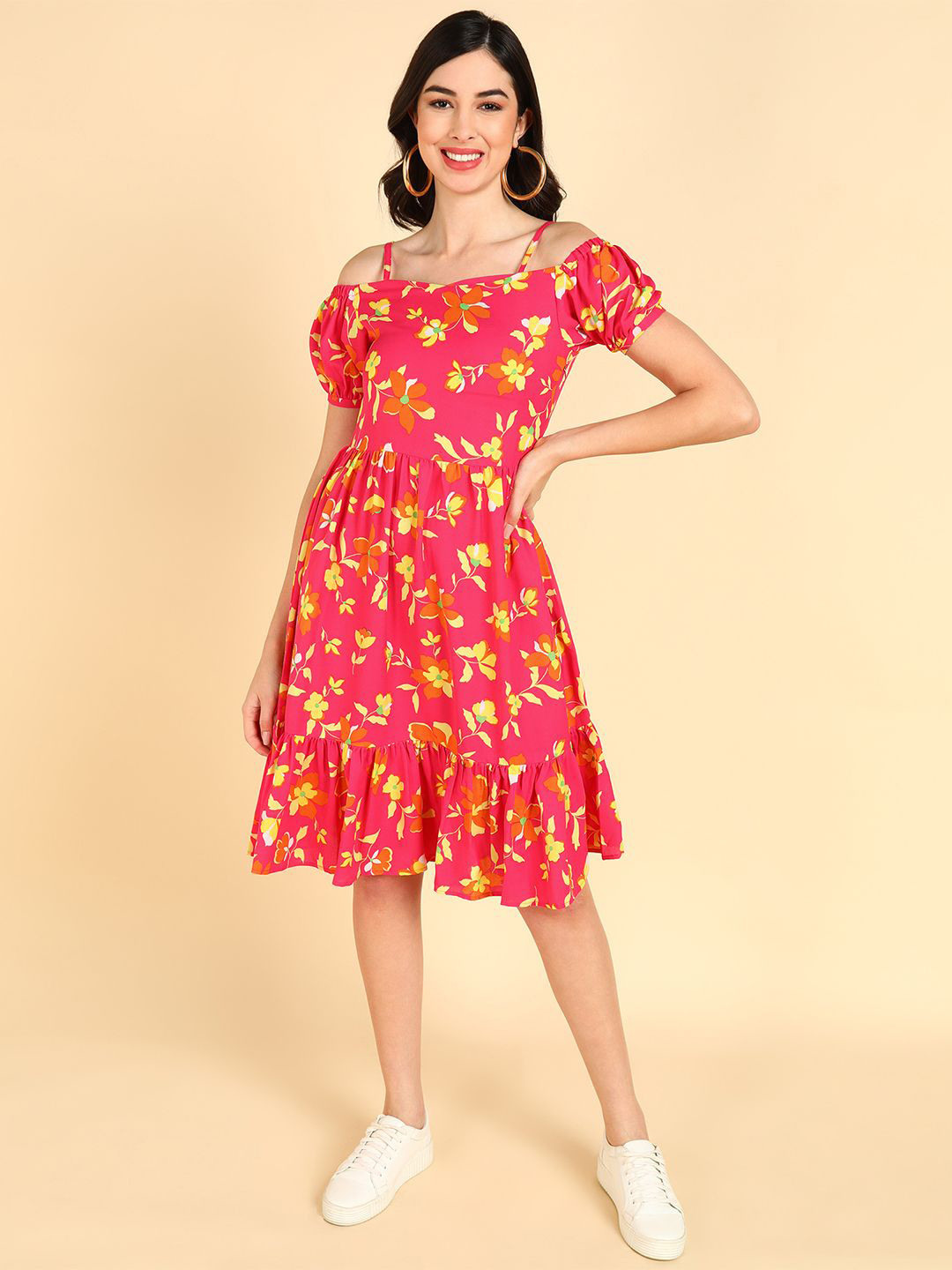 

KALINI Floral Printed Georgette Fit & Flare Dress, Pink