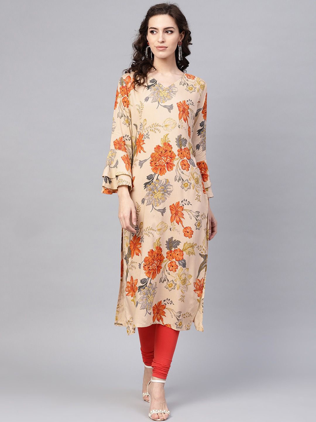 

KALINI Floral Printed V-Neck Flared Sleeves Straight Kurta, Beige