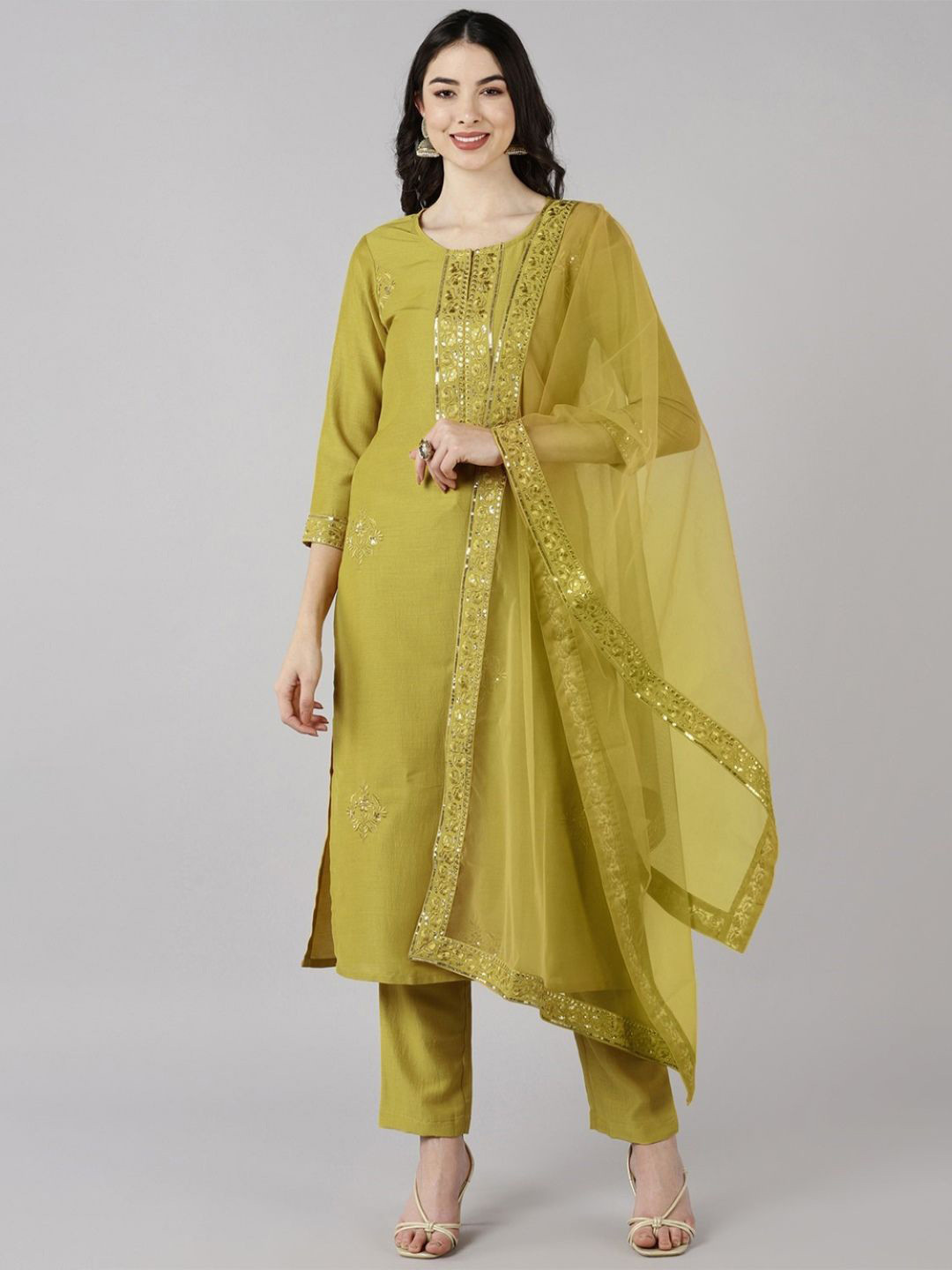 

KALINI Floral Embroidered Straight Kurta With Trouser & Dupatta, Mustard