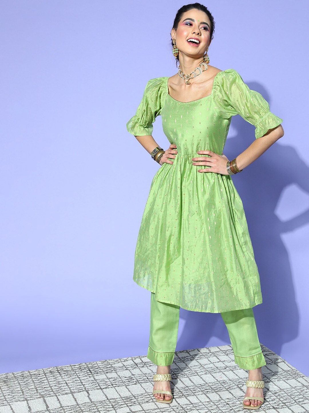 

KALINI Ethnic Woven Design Puff Sleeves Empire A-Line Kurta With Trousers, Green