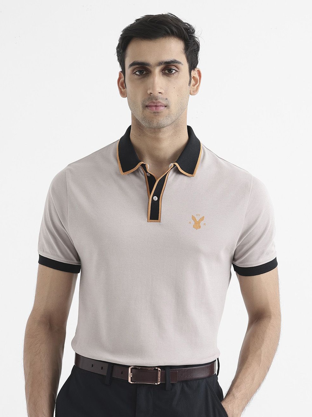

RARE RABBIT Men Lark Polo Collar Brand Logo Printed T-Shirt, Beige