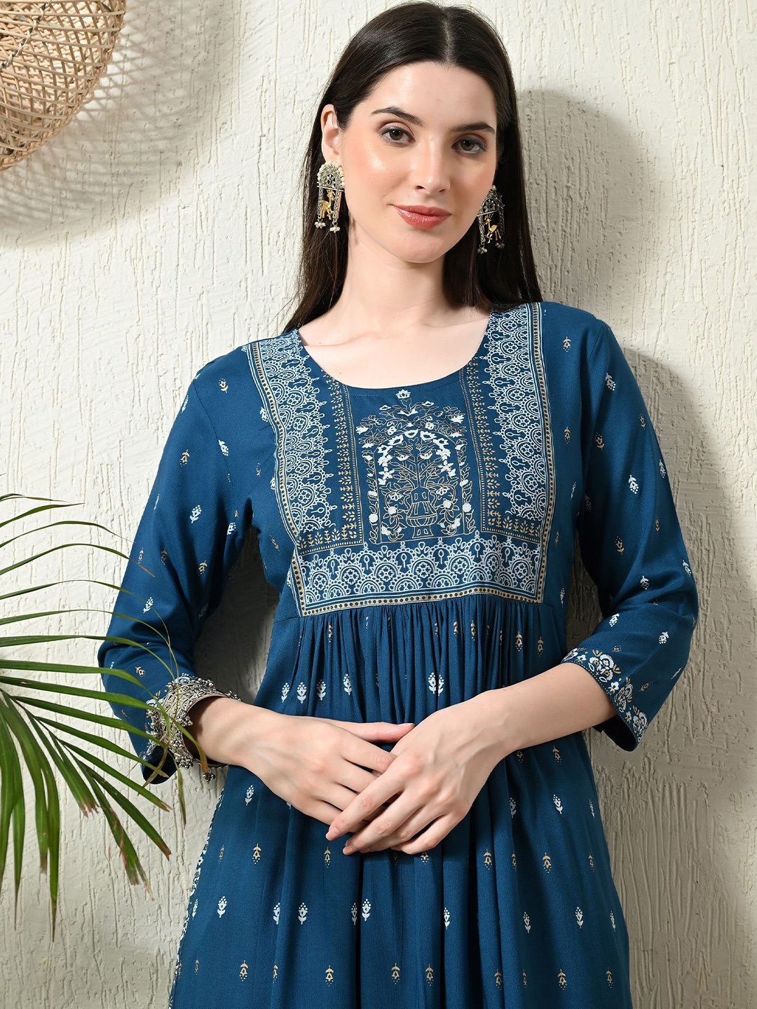 

VIDHANI Printed Round Neck A-line Kurta, Blue