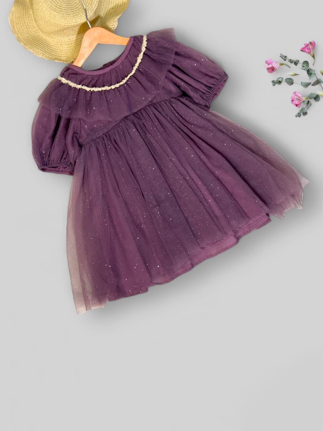 

TrendyKid Girls Boat Neck Puff Sleeves Self Design Embellished Gathered or Pleated Gown, Purple