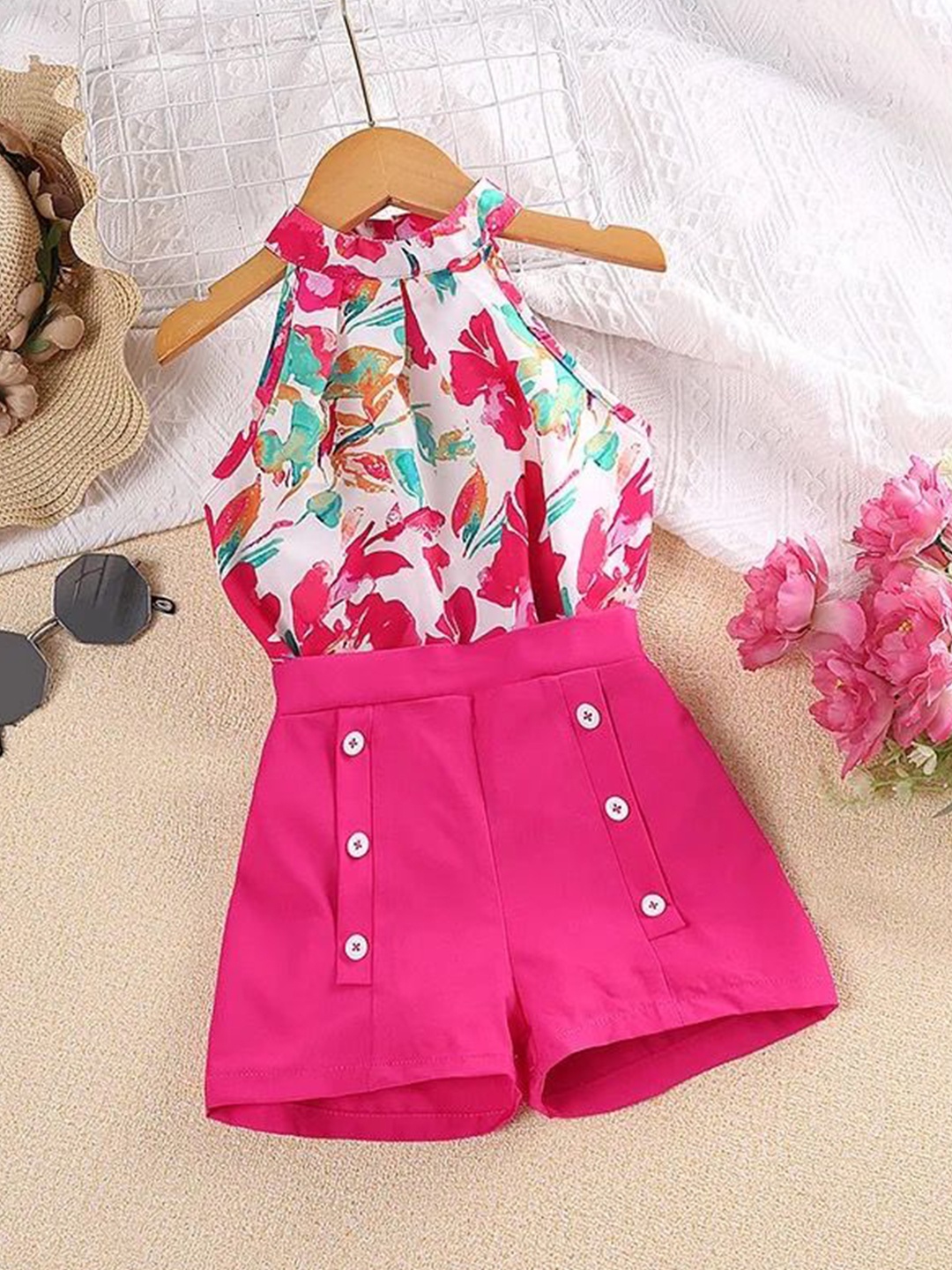 

TrendyKid Girls Printed Halter Neck Top with Shorts, Pink