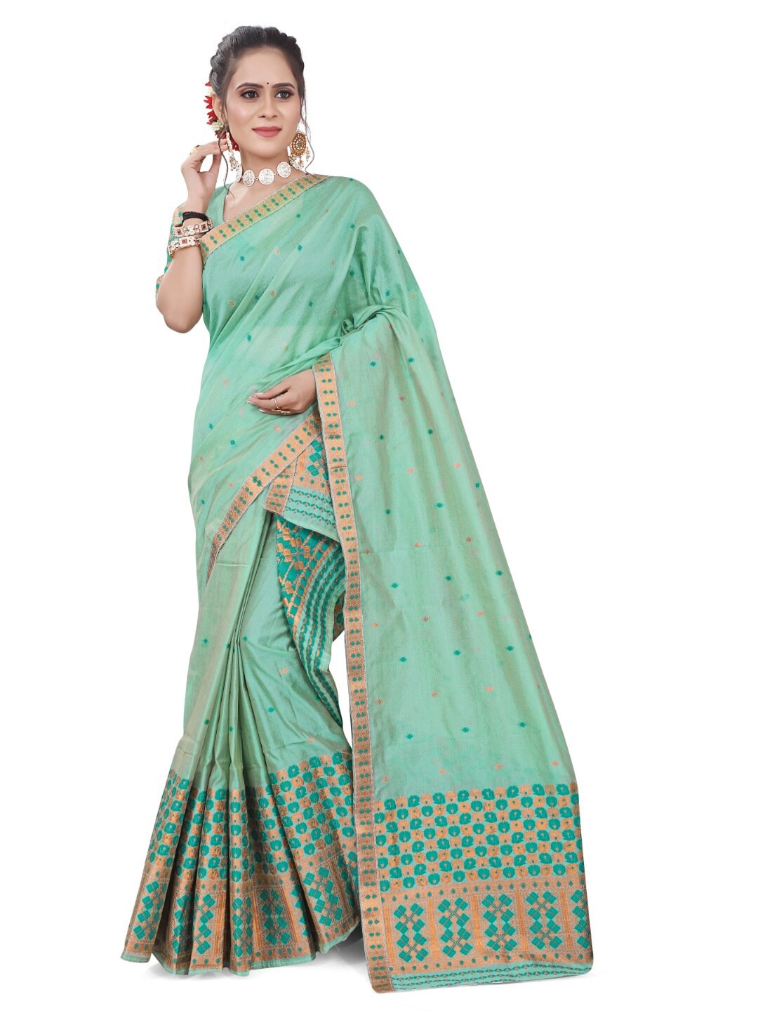 

Skiran's Assamese Mekhela Chador Woven Design Saree, Sea green