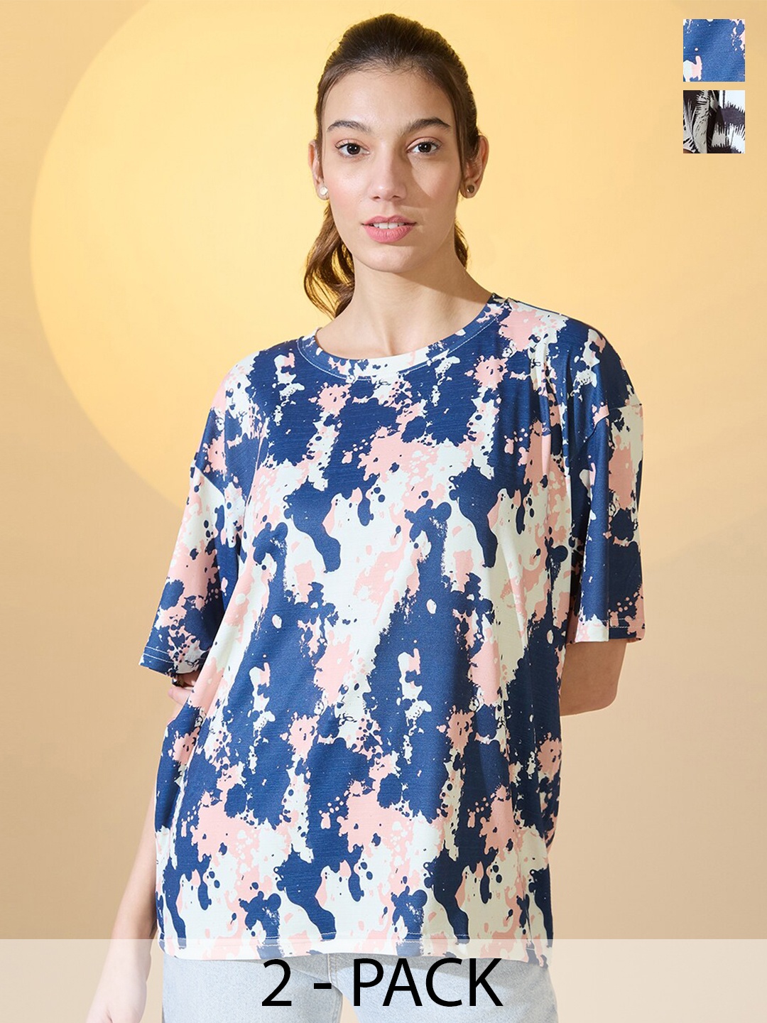 

DressBerry Women Pack Of 2 Printed Round Neck Oversized T-shirts, Multi