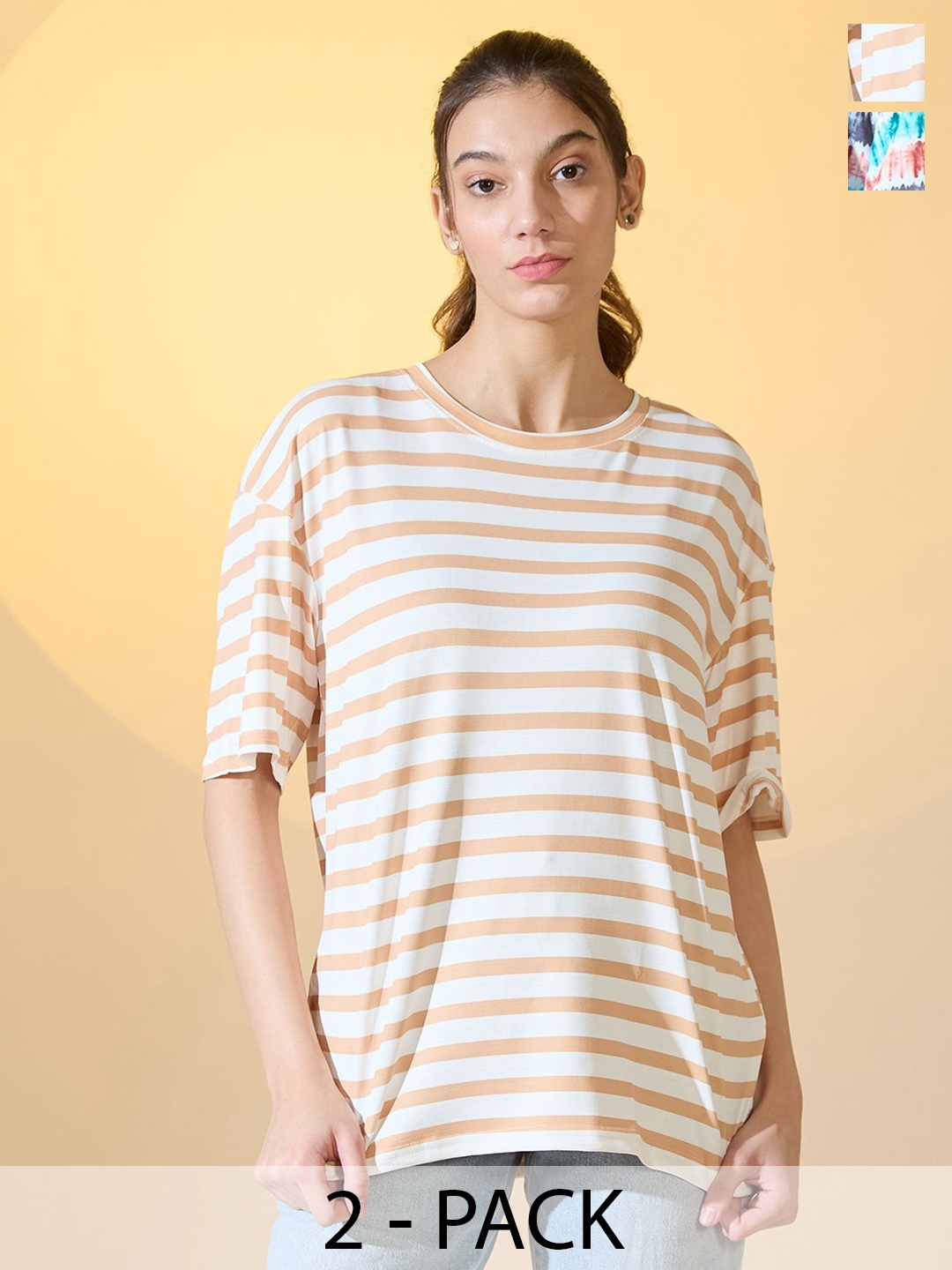 

DressBerry Women Pack Of 2 Printed Round Neck Oversized T-shirts, Multi