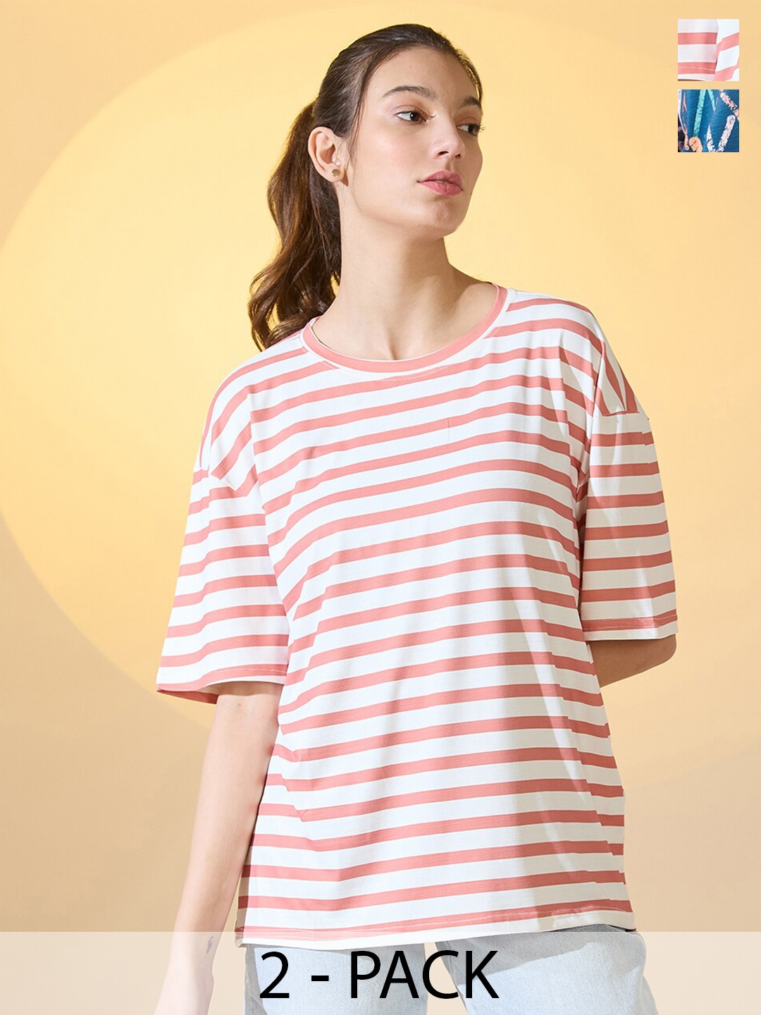 

DressBerry Women Pack Of 2 Striped Round Neck Oversized T-shirts, Multi