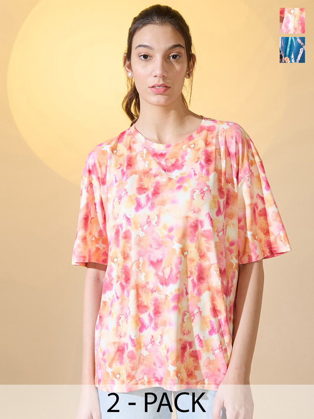 

DressBerry Women Pack Of 2 Printed Round Neck Oversized T-shirts, Blue