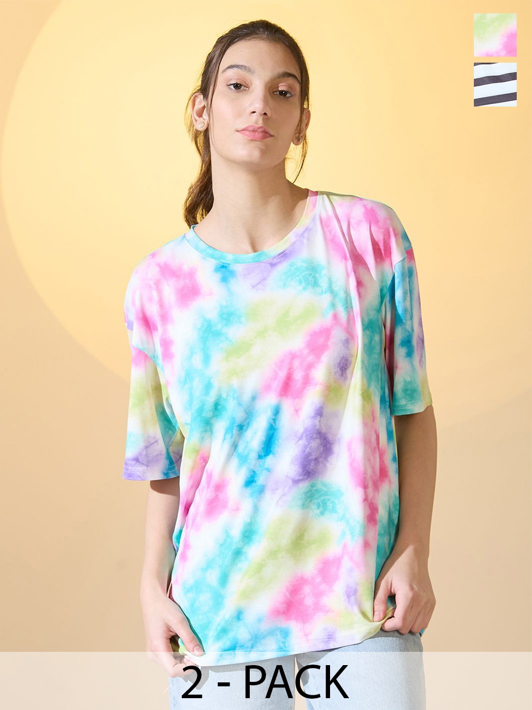 

DressBerry Women Pack Of 2 Printed Round Neck Oversized T-shirts, Black