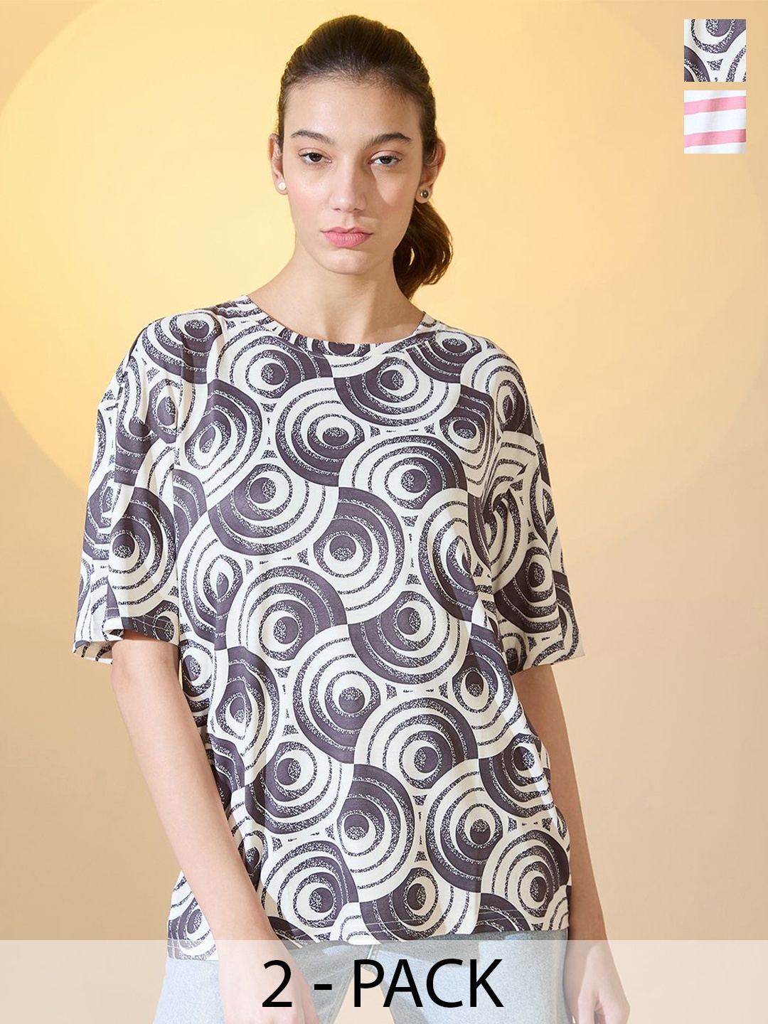 

DressBerry Women Pack Of 2 Printed Round Neck Oversized T-shirts, Multi