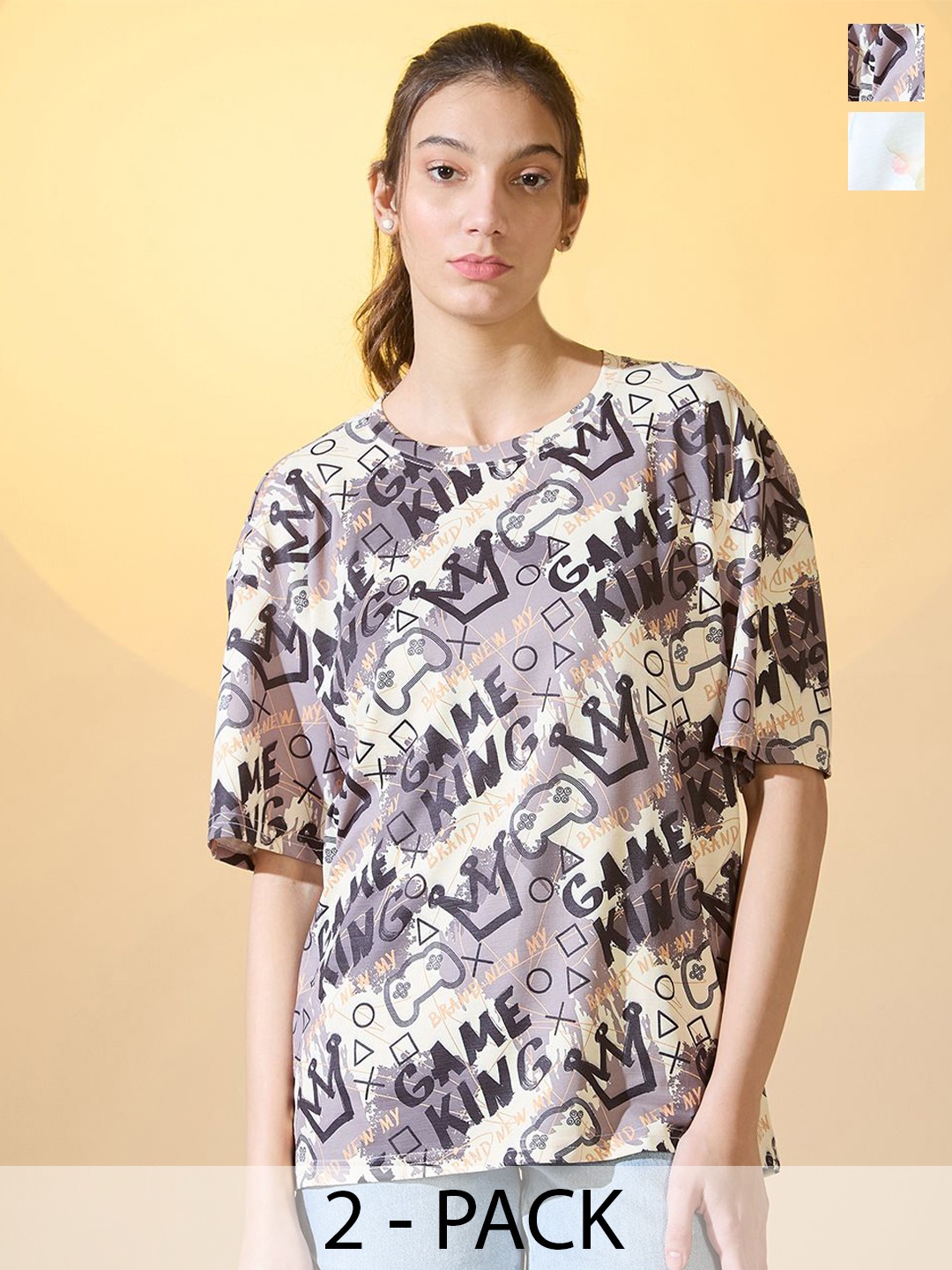 

DressBerry Women Pack Of 2 Printed Round Neck Oversized T-shirts, Multi