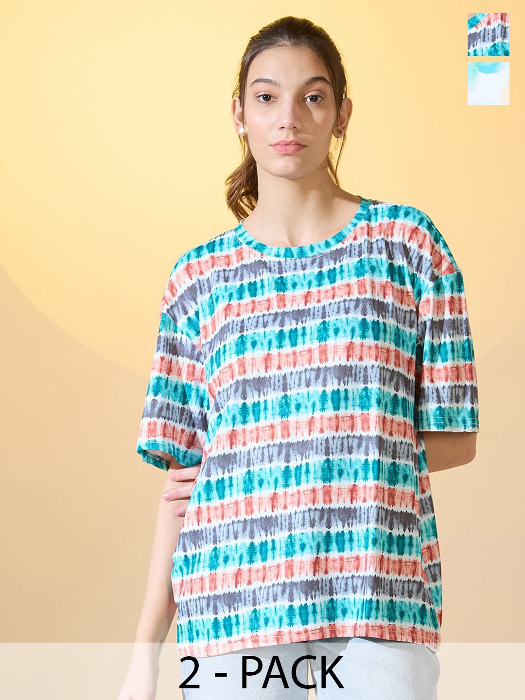 

DressBerry Women Pack Of 2 Round Neck Dyed Oversized T-shirts, Multi
