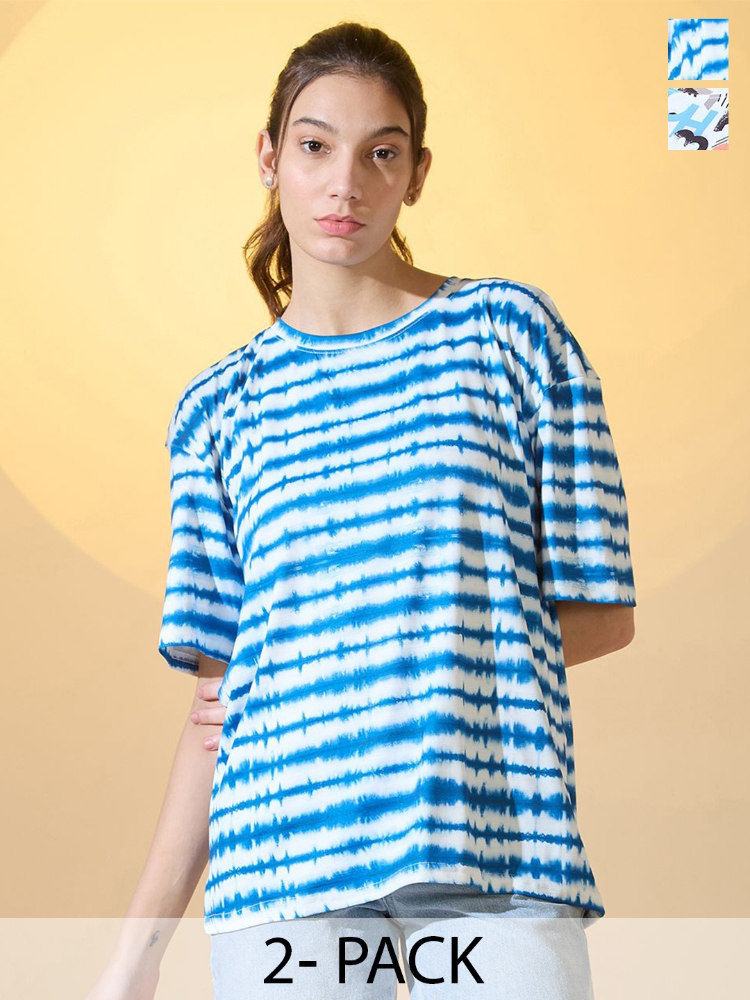 

DressBerry Pack Of 2 Women Round Neck Oversized T-shirt, Multi