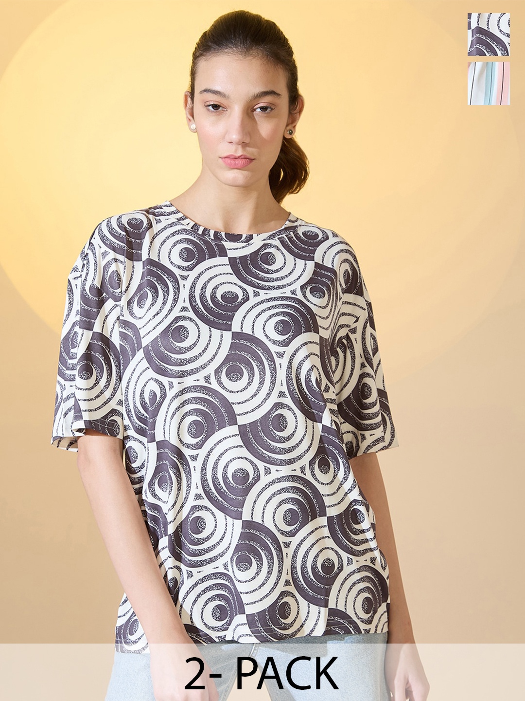 

DressBerry Pack Of 2 Women Round Neck Oversized T-shirt, Multi